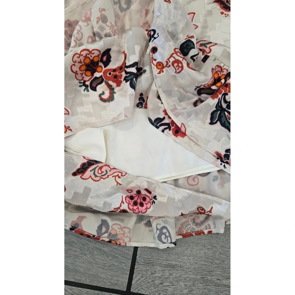 Tory Burch Cream Floral Devore Burnout Ruffle Mini Dress Size 8 Long Sleeve
